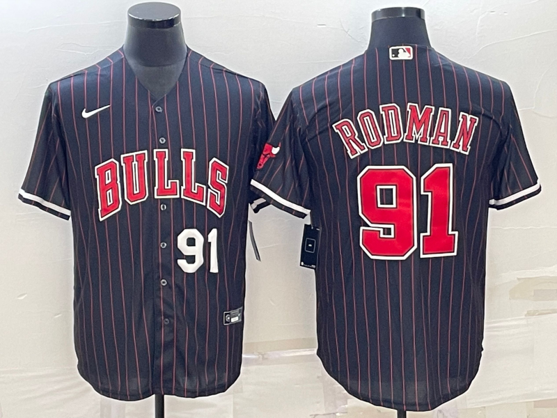 Men Chicago Bulls #91 Rodman Black Stripe Game Nike 2023 NBA Jersey style 2